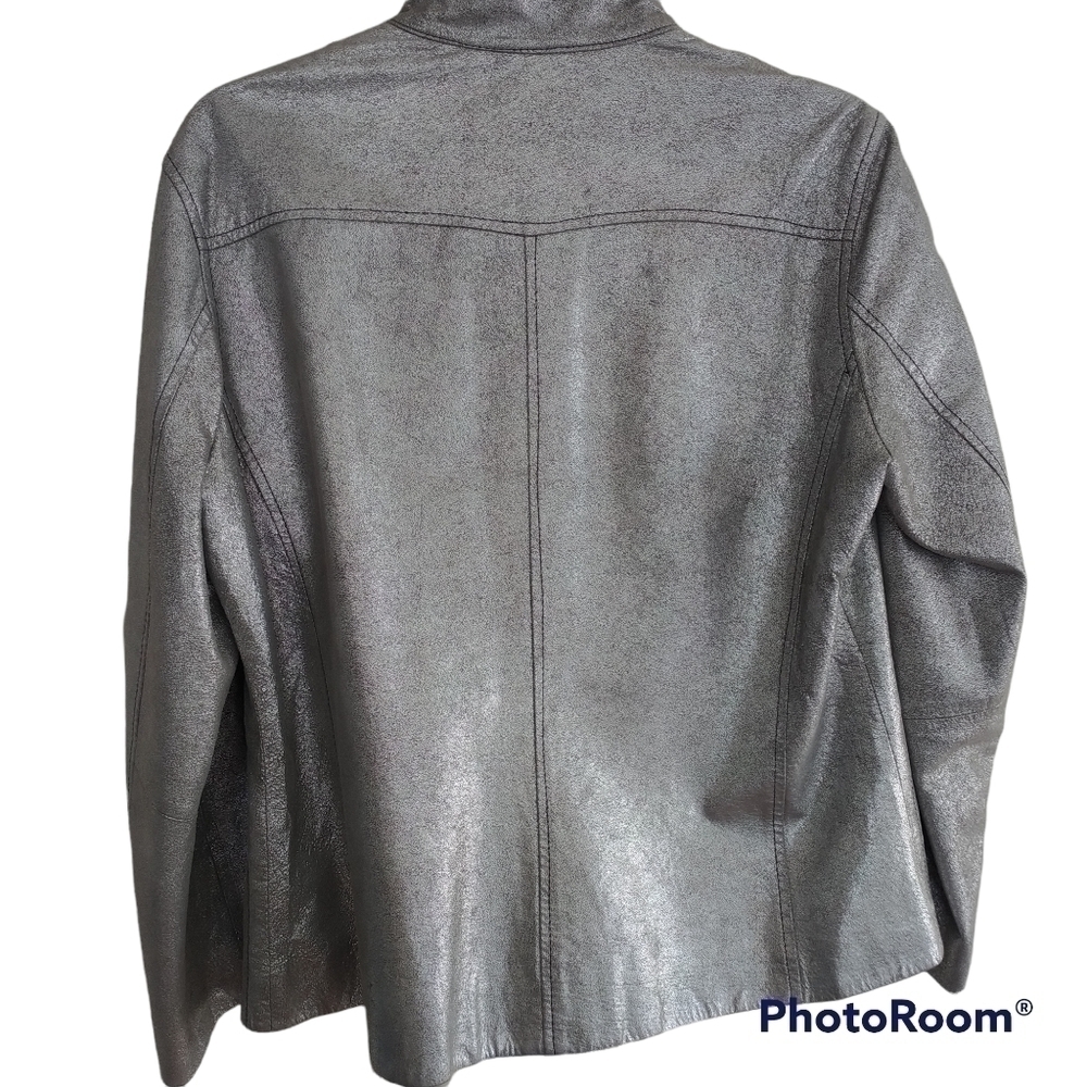 Chico's Silver Metallic Genuine Leather Moto Jacket Chico's 1 (US 8/10) - Picture 3 of 12